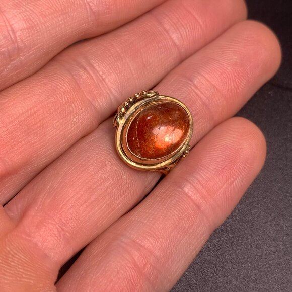 Handmade 14KY Gold Feldspar Sunstone Ring Split Shank Beaded Scroll Design SZ 6 - Picture 5 of 10